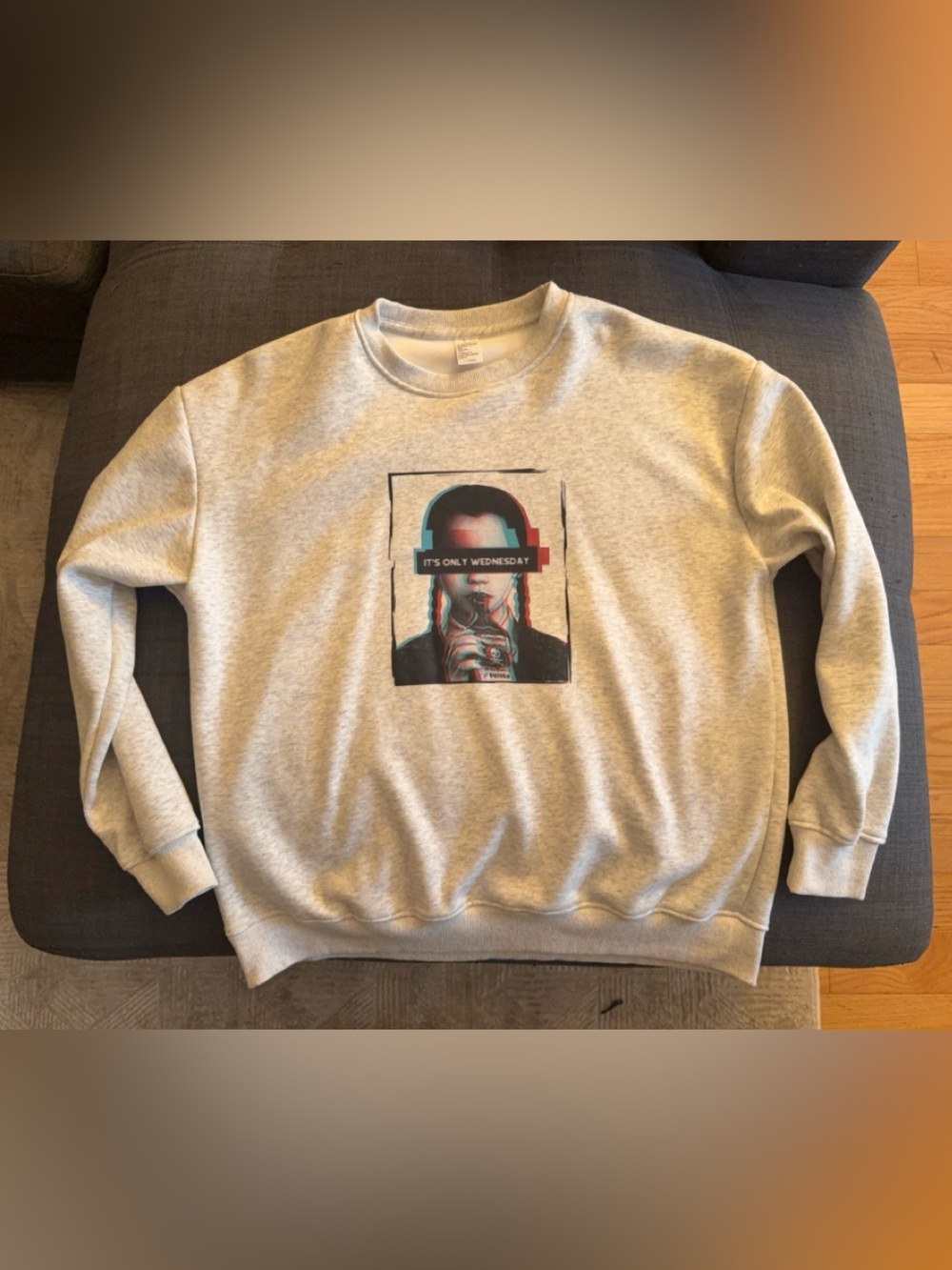 WEDNESDAY ADDAMS Crewneck Graphic Sweatshirt - Light Gray "It's Only Wednesday" - Picture 2 of 3